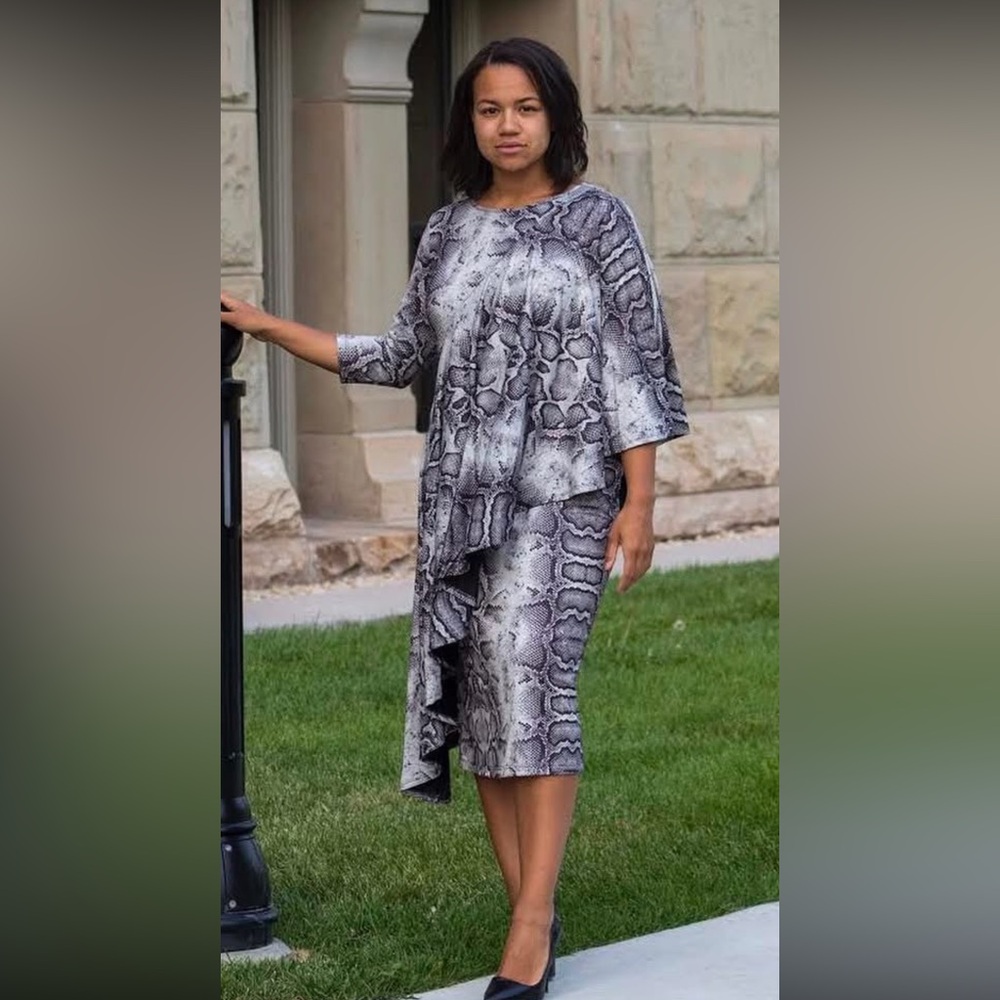 Hope Morgan Apparel Snake Print Midi Dress with Draped Sleeve - Gray - Picture 2 of 6